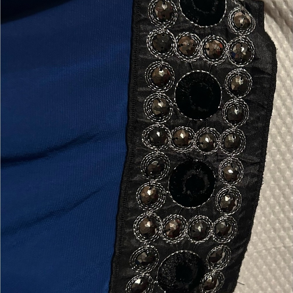 Royal Blue Cold Shoulder Dress with Black Beaded Trim - Picture 3 of 7